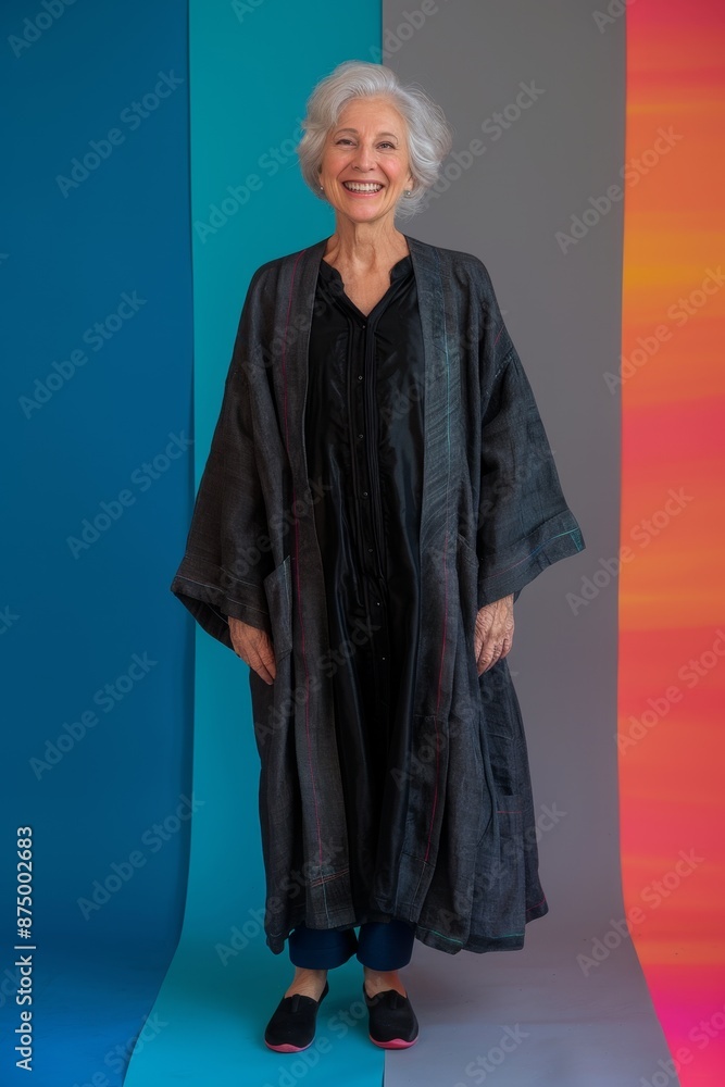 A happy senior woman in a long black coat poses against a colorful background A happy senior woman in a long black coat poses against a colorful background