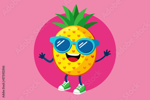 A vibrant and eye-catching whimsical t-shirt design features an adorable anthropomorphic pineapple character vector illustration