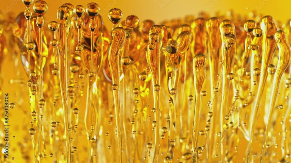 Super Slow Motion of Splashing Oil Drops on Golden Background. Filmed on High Speed Cinema Camera, 1000fps. Abstract Golden Oil Splashes, Beauty or Cooking Concept. Super Slow Motion of Splashing Oil Drops on Golden Background. Filmed on High Speed Cinema Camera, 1000fps. Abstract Golden Oil Splashes, Beauty or Cooking Concept.
