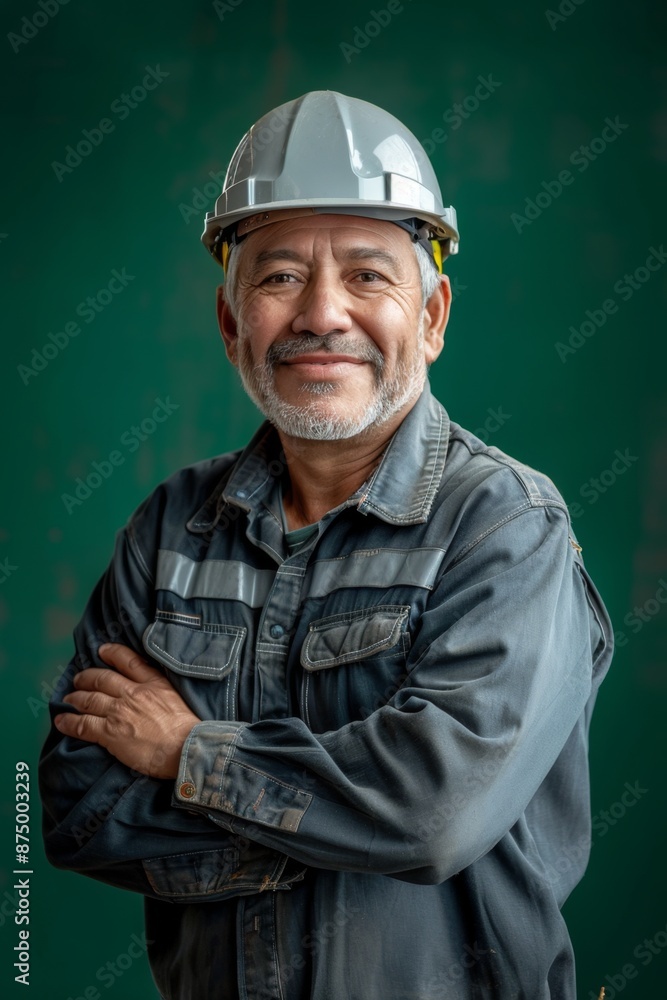 Portrait of a smiling construction worker wearing a hard hat and a work uniform Portrait of a smiling construction worker wearing a hard hat and a work uniform