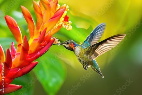 Hummingbird frozen mid-flight, sipping nectar from exotic flower. Canon EOS R5 with 600mm f/4 lens, high-speed sync flash. Vibrant rainforest bokeh.  photo