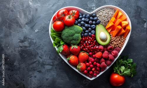 A vibrant photo showcasing a heartshaped bowl filled with nutritious diet foods, including fresh fruits, vegetables, and whole grains, promoting heart and cardiovascular wellness, Generative AI
