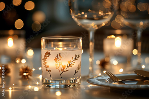 Romantic table setting featuring a candle with white leaf paintings, surrounded by soft lights. © Anahit