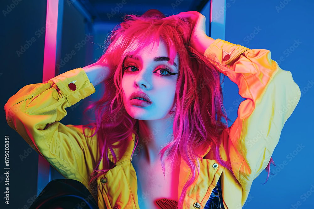 Obraz premium A young woman with vibrant pink hair, styled in a bold and playful manner, sits confidently with her hands clasped behind her head, posing for a captivating portrait