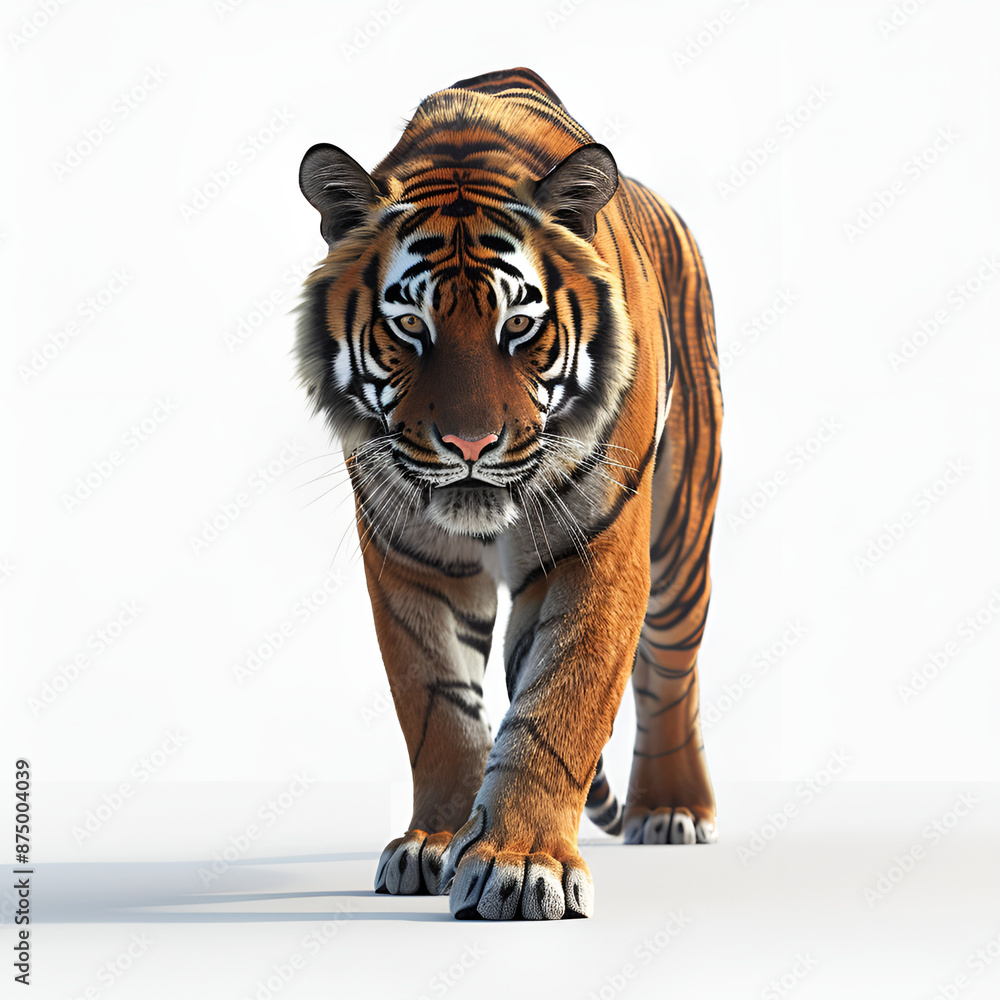 Obraz premium A tiger walking on a white background.