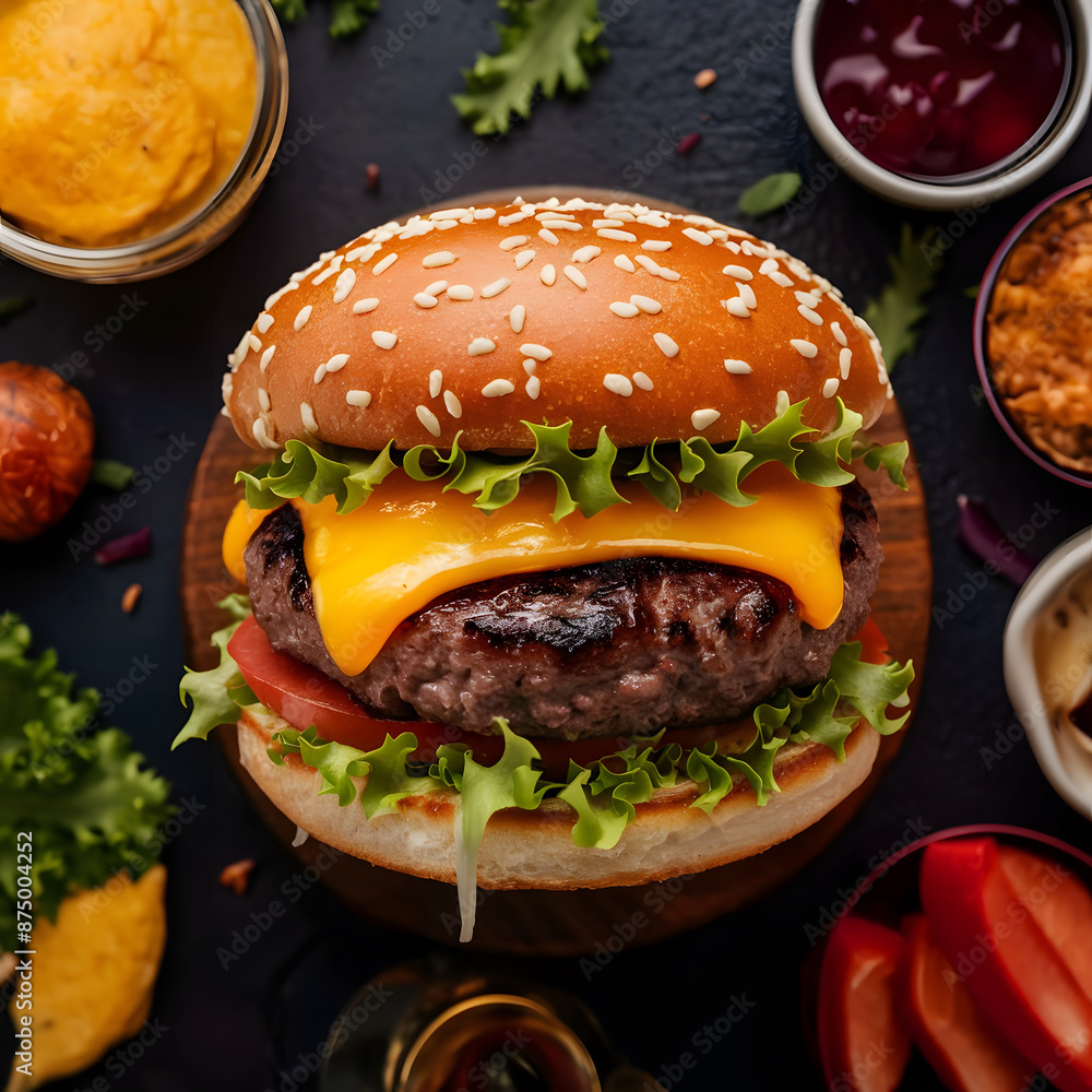 Homemade beef burger on the blue table Homemade beef burger on the blue table