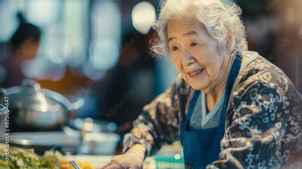 A woman in her 80s smiles while cooking in her kitchen A woman in her 80s smiles while cooking in her kitchen