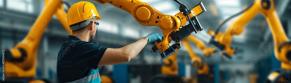 Worker in a factory with yellow robotic arms. Worker in a factory with yellow robotic arms.