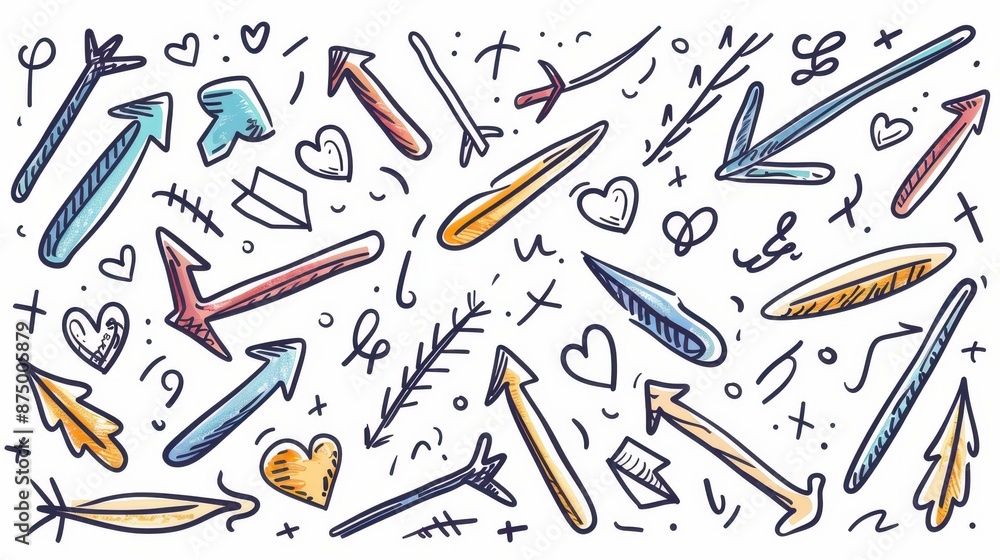 Collection of handdrawn black scribble arrows icons in a doodle style on a white background. Collection of handdrawn black scribble arrows icons in a doodle style on a white background.
