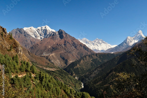 View onto the peaks of Taboche, Everest, Lhotse and Ama Dablam, in the foreground the villages of Tashinga, Phungi Thenga, Phortse and Tengboche, Tangboche, Mount Everest Basecamp Trek, EBC, Nepal © Anja