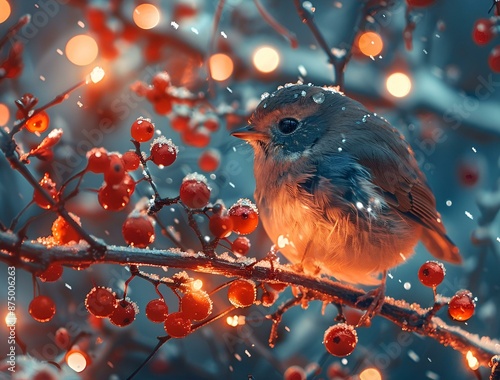 Bird perched on branch with berries, showcasing nature's beauty. photo