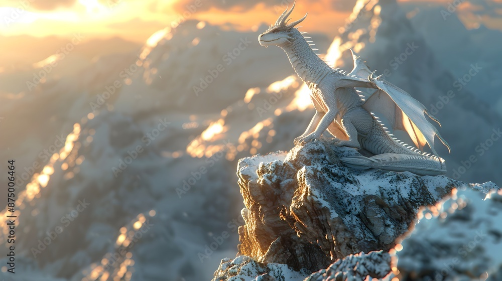 Obraz premium Majestic Dragon Perched Atop Snowy Mountain at Dazzling Sunset Scenery
