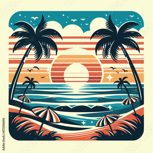 Summer palm tree and beach vintage background
