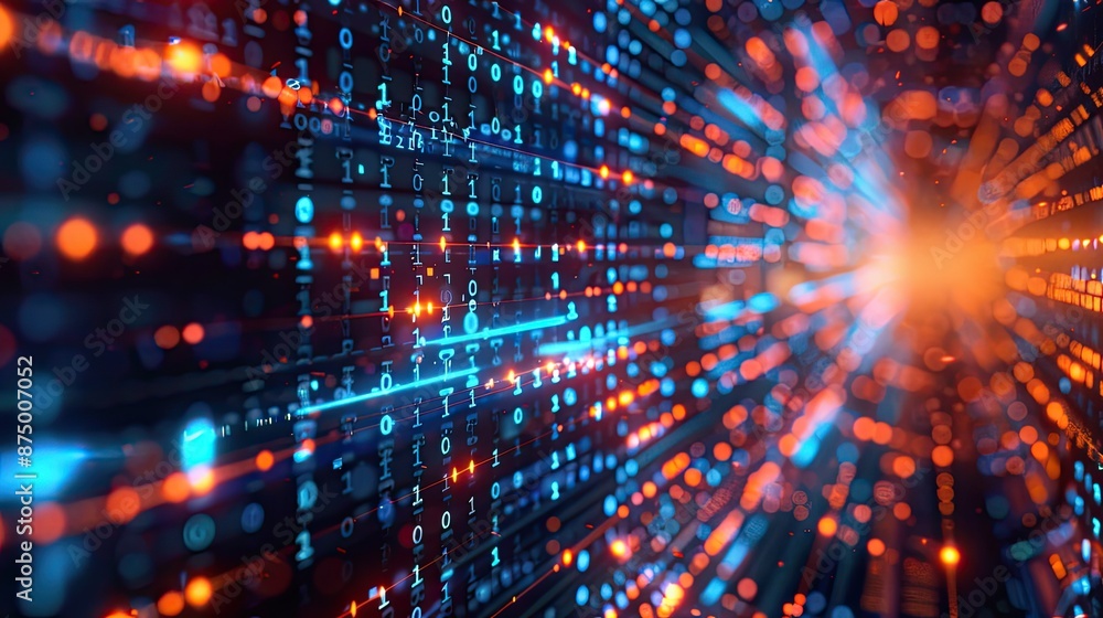 Abstract digital background with binary code and glowing geometric shapes symbolizing blockchain technology Abstract digital background with binary code and glowing geometric shapes symbolizing blockchain technology