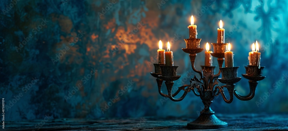 A Menorah with nine candles lit against a blue background. A Menorah with nine candles lit against a blue background.