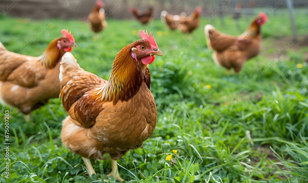 Fototapeta premium Brown Hens Foraging in Grass on a Free Range Chicken Farm, Generative AI