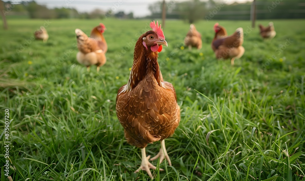 Fototapeta premium Brown Hens Foraging in Grass on a Free Range Chicken Farm, Generative AI