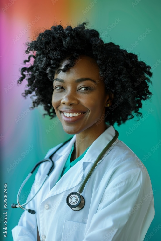 Portrait of a smiling black female doctor wearing a white coat and stethoscope Portrait of a smiling black female doctor wearing a white coat and stethoscope