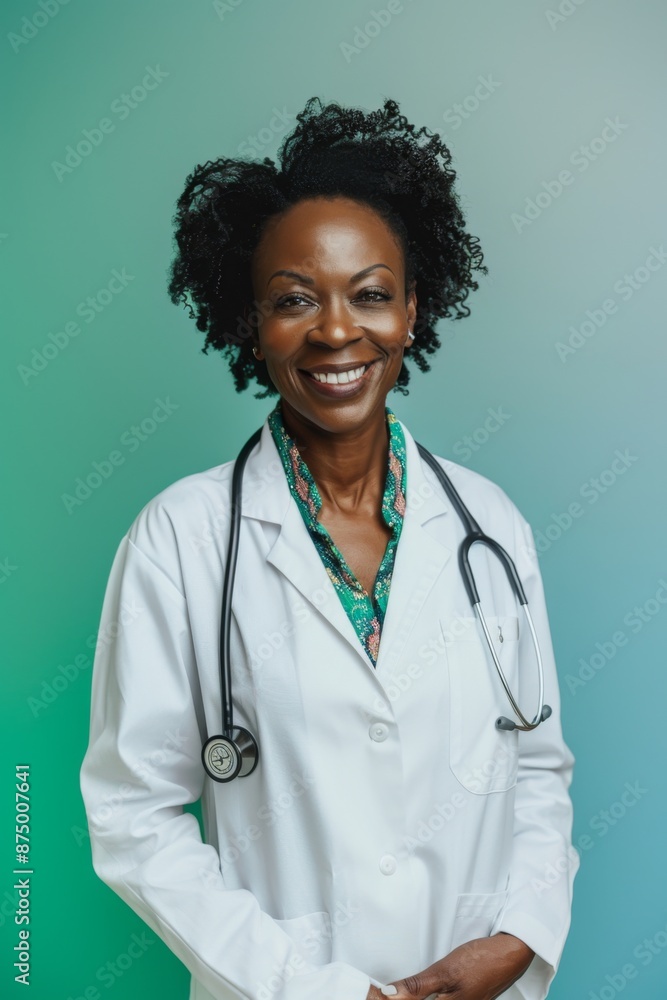 A confident female doctor wearing a white coat and stethoscope, smiling at the camera against a turquoise background A confident female doctor wearing a white coat and stethoscope, smiling at the camera against a turquoise background