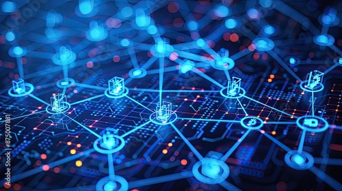 Abstract digital background with virtual currency symbols and blockchain network connections