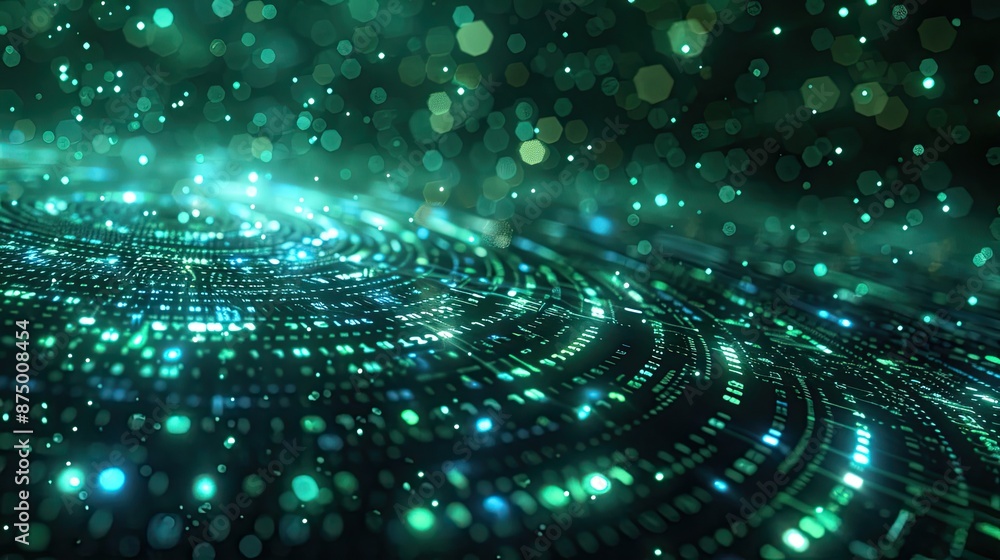 Abstract digital background with glowing binary code and futuristic financial technology symbols Abstract digital background with glowing binary code and futuristic financial technology symbols