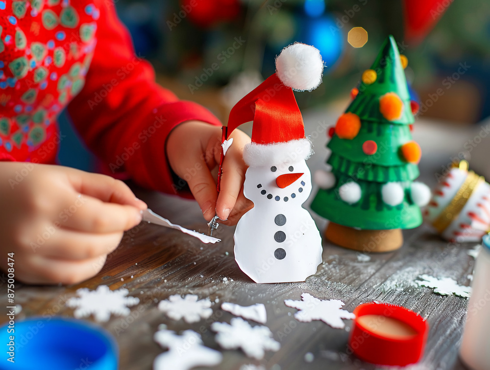 A child makes a New Year's applique, a snowman with the hands of a child A child makes a New Year's applique, a snowman with the hands of a child