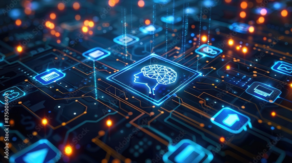 Concept of artificial intelligence in finance: abstract digital background with AI algorithms and machine learning icons Concept of artificial intelligence in finance: abstract digital background with AI algorithms and machine learning icons