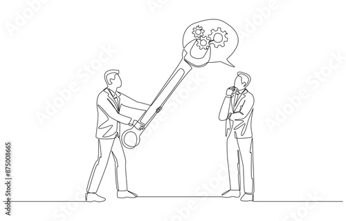 Continuous one line drawing of businessman fixing cogwheels in thought bubble of his employee, mentorship to improve thinking process at work, single line art.