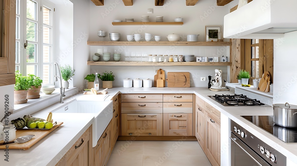 Fototapeta premium European cottage style kitchen with distressed wood cabinets, a butler sink, and vintage crockery, copy space for text, sharp focus and clear light, high clarity no grunge, splash, dust, noise