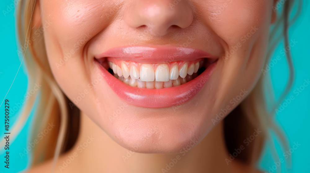 Obraz premium Close-up of a woman's perfect white smile on a blue background. Suitable for dental clinics, wellness businesses, healthcare, beauty, and spa industries. Concept of dental health, beauty, and well