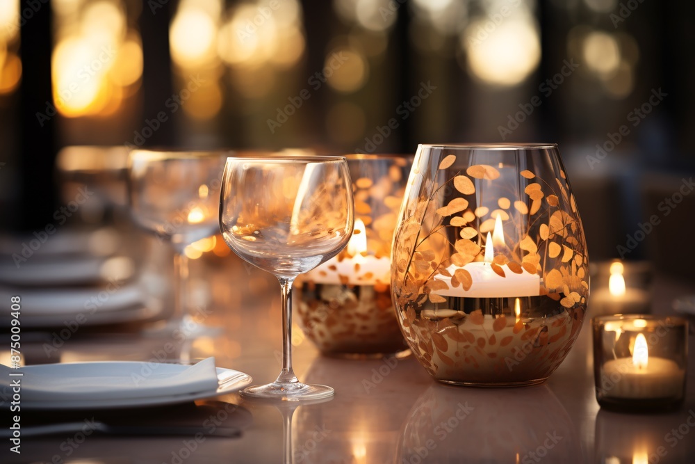 Fototapeta premium Elegant dinner table setting with decorative glasses and warm candlelight during sunset.