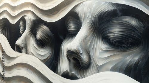 A monochromatic mural featuring abstract, wave-like representations of serene human faces, blending flowing textures and emotional depth. photo