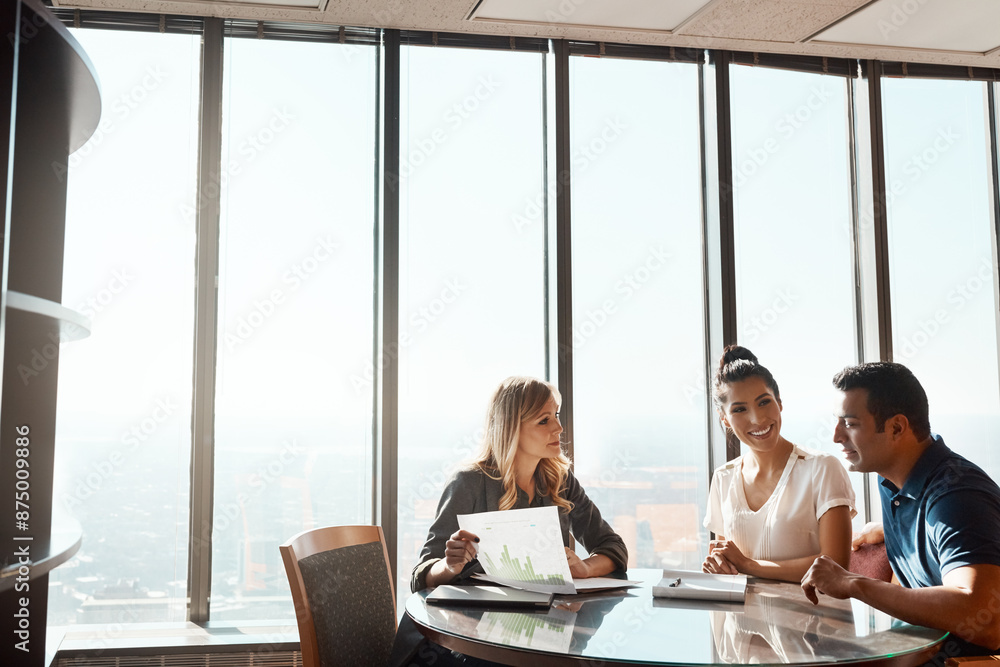 © ReeseArcurs/peopleimages.com - Paper, financial advisor or couple at table in meeting for insurance, policy update or budget in office. Broker, negotiation or consulting with people for investment, future plan or contract review