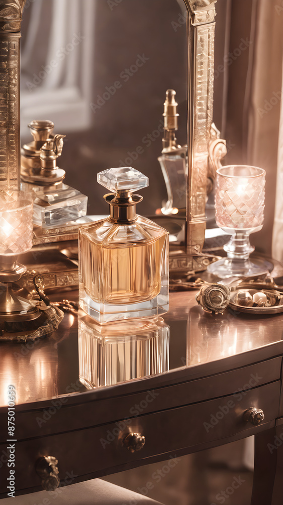 A beautifully designed perfume bottle on a vanity table with a mirror, jewelry, and soft lighting creating a romantic atmosphere. A beautifully designed perfume bottle on a vanity table with a mirror, jewelry, and soft lighting creating a romantic atmosphere.