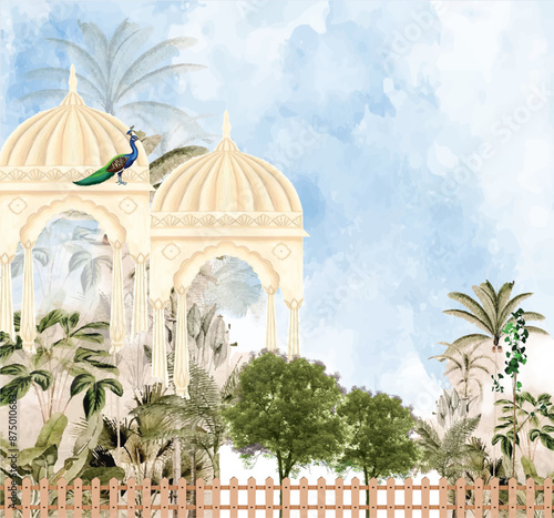 Indian Mughal garden, arch, peacock, bird, plant vector illustration for wallpaper mural art