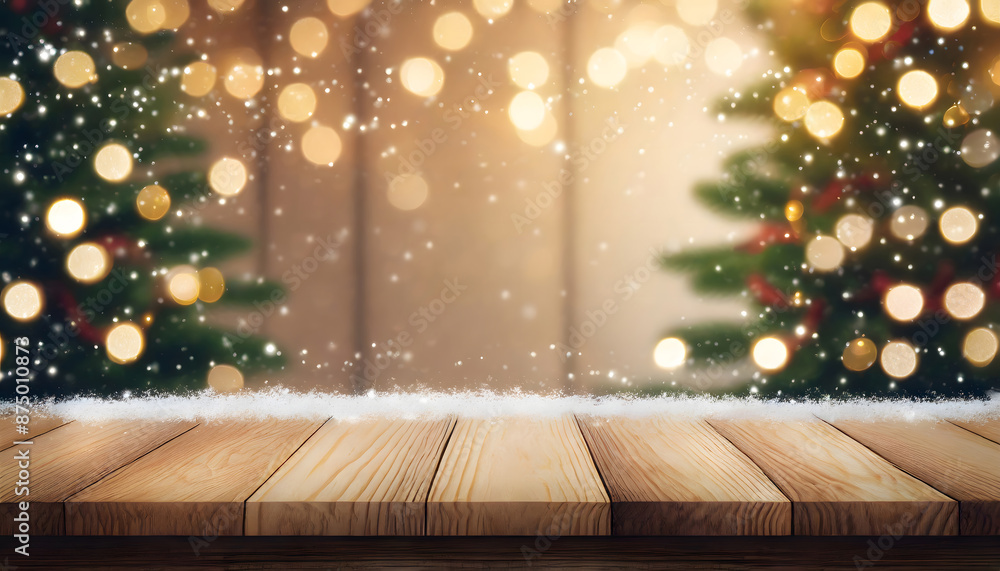Empty woooden table top with abstract warm living room decor with christmas tree string ligh. Generative AI. Empty woooden table top with abstract warm living room decor with christmas tree string ligh. Generative AI.