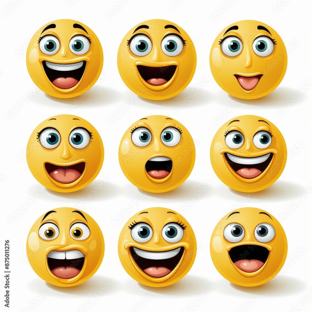 Collection of funny and happy cartoon faces with different emotions isolated on white background Set of cute and positive emoticons for web and mobile applications Collection of funny and happy cartoon faces with different emotions isolated on white background Set of cute and positive emoticons for web and mobile applications