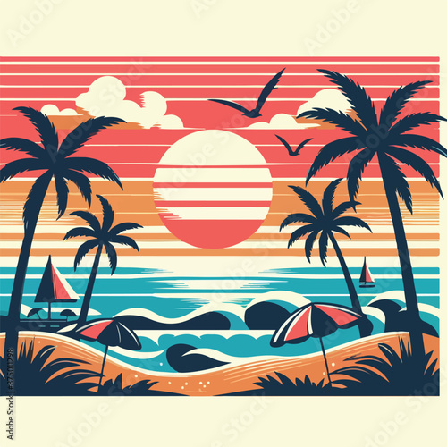 Summer palm tree and beach vintage background
