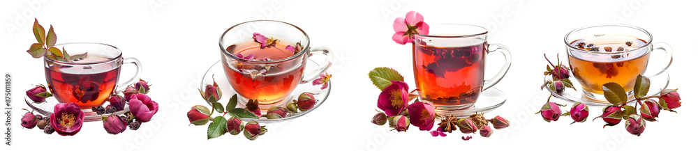 Herbal tea with rose petals in glass cups healthy floral drink transparent background Herbal tea with rose petals in glass cups healthy floral drink transparent background