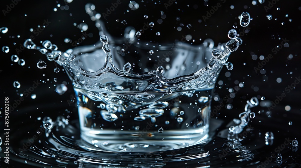 Transparent glass splashed with water droplets on a black backdrop. Transparent glass splashed with water droplets on a black backdrop.