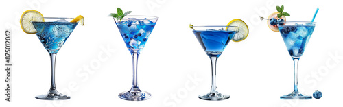Blue martini cocktails with lemon garnish elegant party drinks transparent background