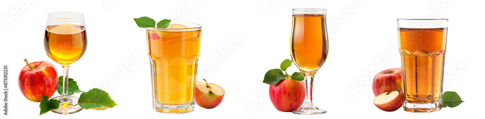 Fototapeta premium Apple cider drinks in various glasses refreshing fruit beverages transparent background