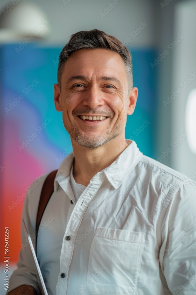 Obraz premium Portrait of a smiling man in a white shirt, holding a laptop, in a modern office setting