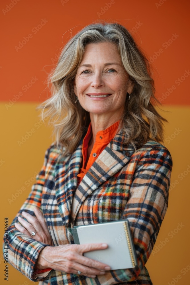 Confident woman in a plaid jacket with arms crossed holding a notebook Confident woman in a plaid jacket with arms crossed holding a notebook