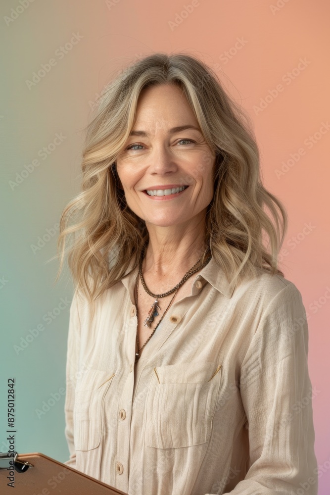Portrait of a smiling woman with blonde hair and a necklace against a pastel colored background Portrait of a smiling woman with blonde hair and a necklace against a pastel colored background