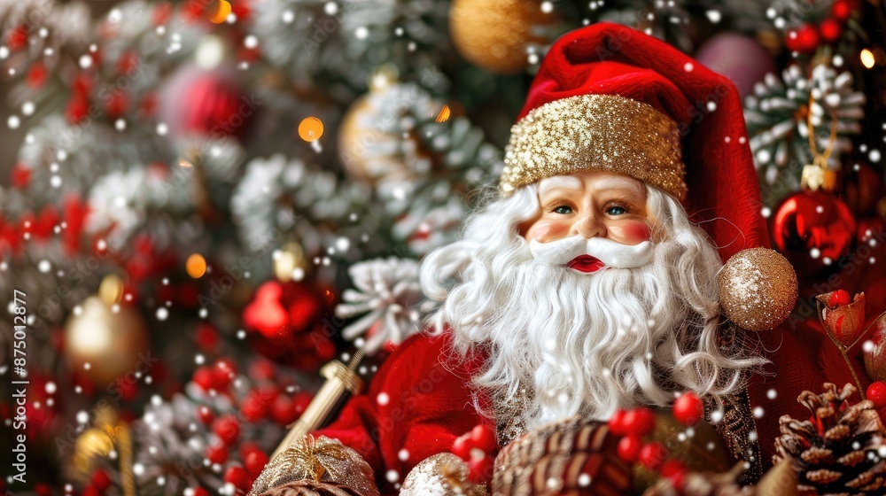 Santa doll amidst festive decorations for Christmas and New Year Santa doll amidst festive decorations for Christmas and New Year