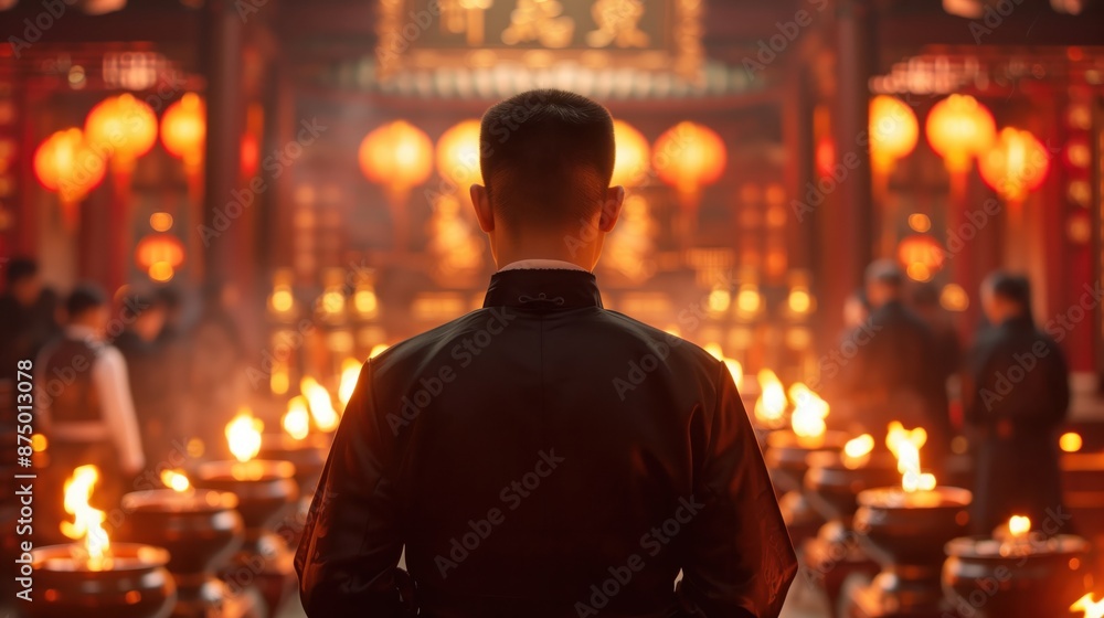 A man stands in a dimly lit temple, surrounded by flickering candles and red lanterns. He is facing away from the camera, lost in prayer or contemplation. A man stands in a dimly lit temple, surrounded by flickering candles and red lanterns. He is facing away from the camera, lost in prayer or contemplation.