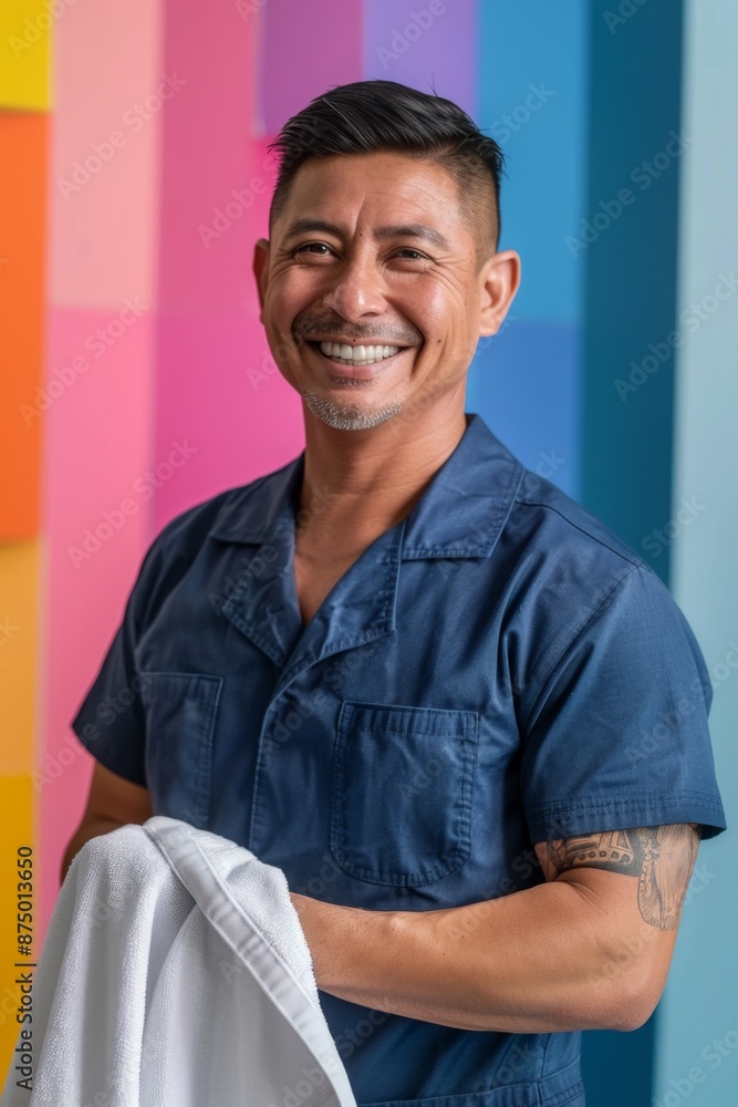 A smiling man in a blue uniform holds a white towel in front of a colorful background A smiling man in a blue uniform holds a white towel in front of a colorful background