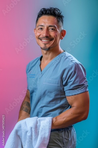 A man in a blue scrubs shirt is smiling and holding a towel