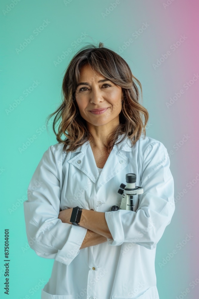 Portrait of a confident female scientist holding a microscope Portrait of a confident female scientist holding a microscope